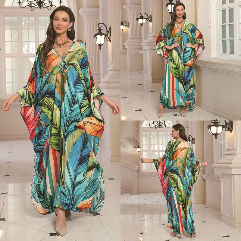 Kaftan Dresses for Women Wave Neck Swimsuit Cover Up Caftan Dress Plus Size Oversized Long Beach Dress