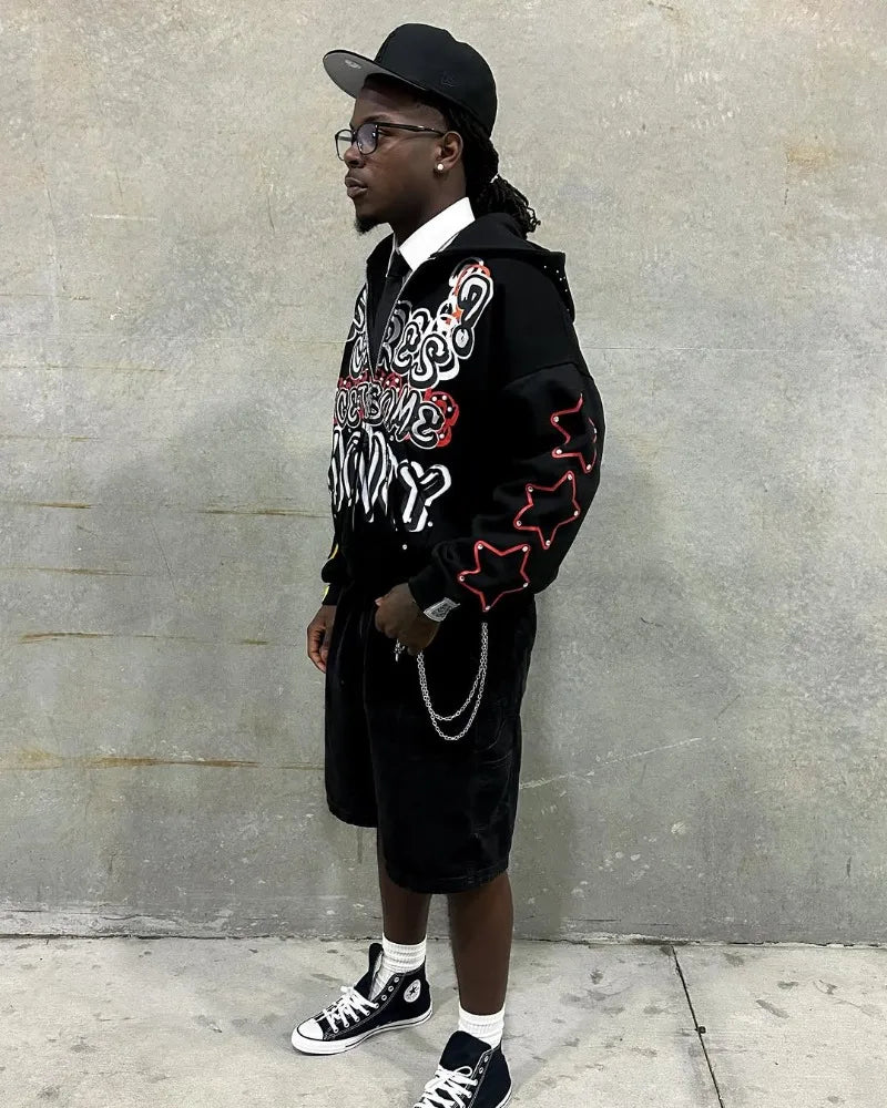 American Trendy Brands High Street Loose Casual Cartoon Printed Zipper Hoodie Men Y2k Hip-hop Rock Oversized Sweatshirt Women