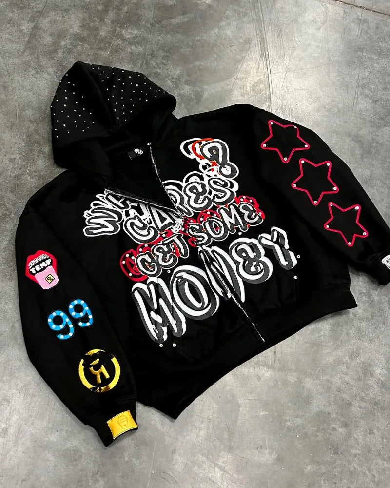 American Trendy Brands High Street Loose Casual Cartoon Printed Zipper Hoodie Men Y2k Hip-hop Rock Oversized Sweatshirt Women