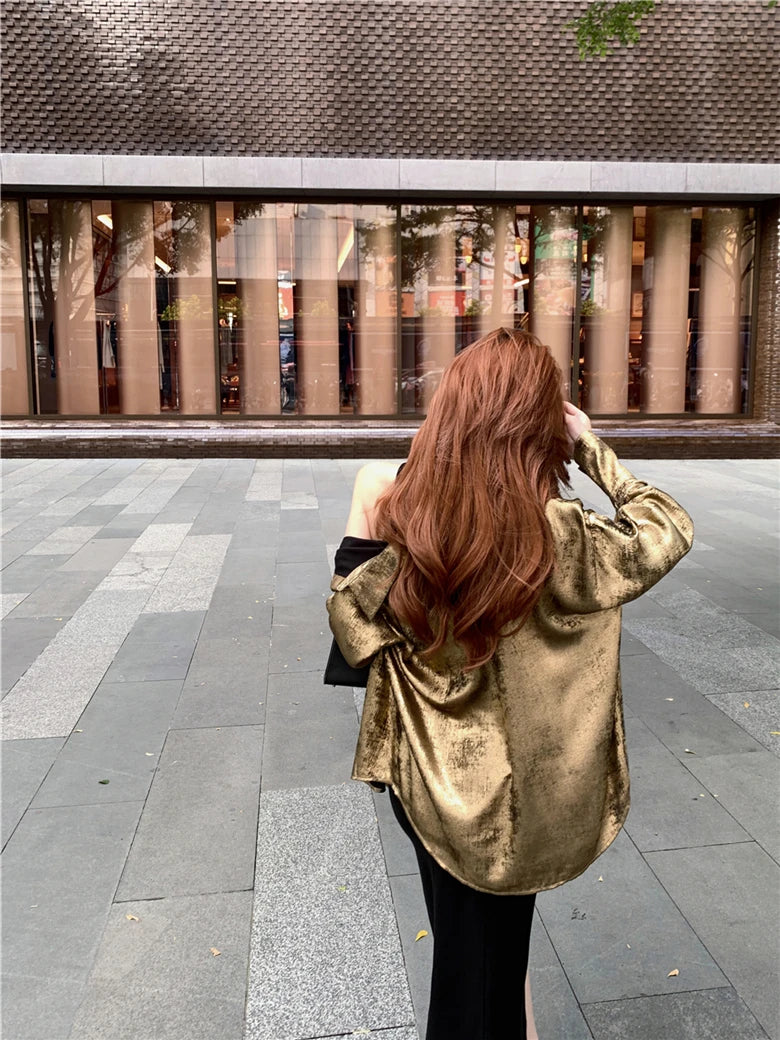 ADAgirl Y2k Golden Color Shirt Female Long Sleeve Luxury Elegant Blouse Women  Button Up Oversized Casual Spring Autumn Top Chic