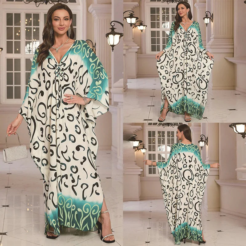 Kaftan Dresses for Women Wave Neck Swimsuit Cover Up Caftan Dress Plus Size Oversized Long Beach Dress