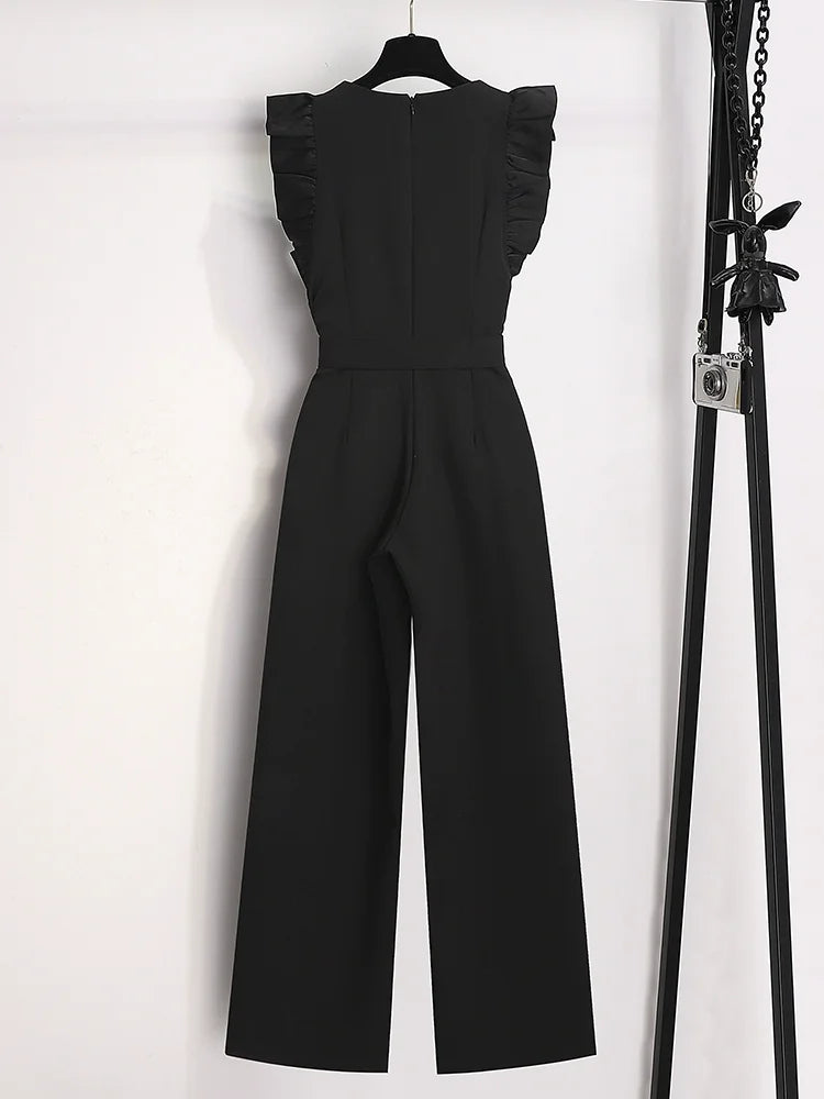 Summer Oversized luxury Temperament Jumpsuit Women Summer Fashion Ruffles Sleeveless Elegant Black Bodysuit Solid With Belt
