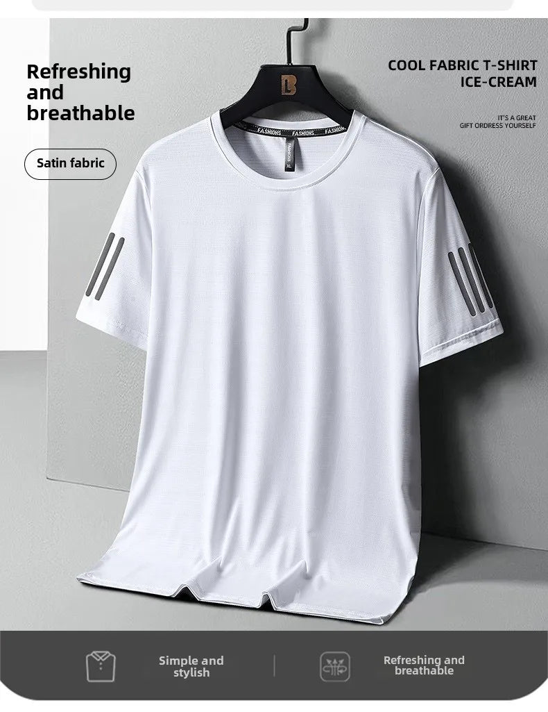 Summer Thin Ice Silk T-Shirt For Men Crew Neck Short Sleeve Casual Soft Fitness Tops Plain Oversized Tees