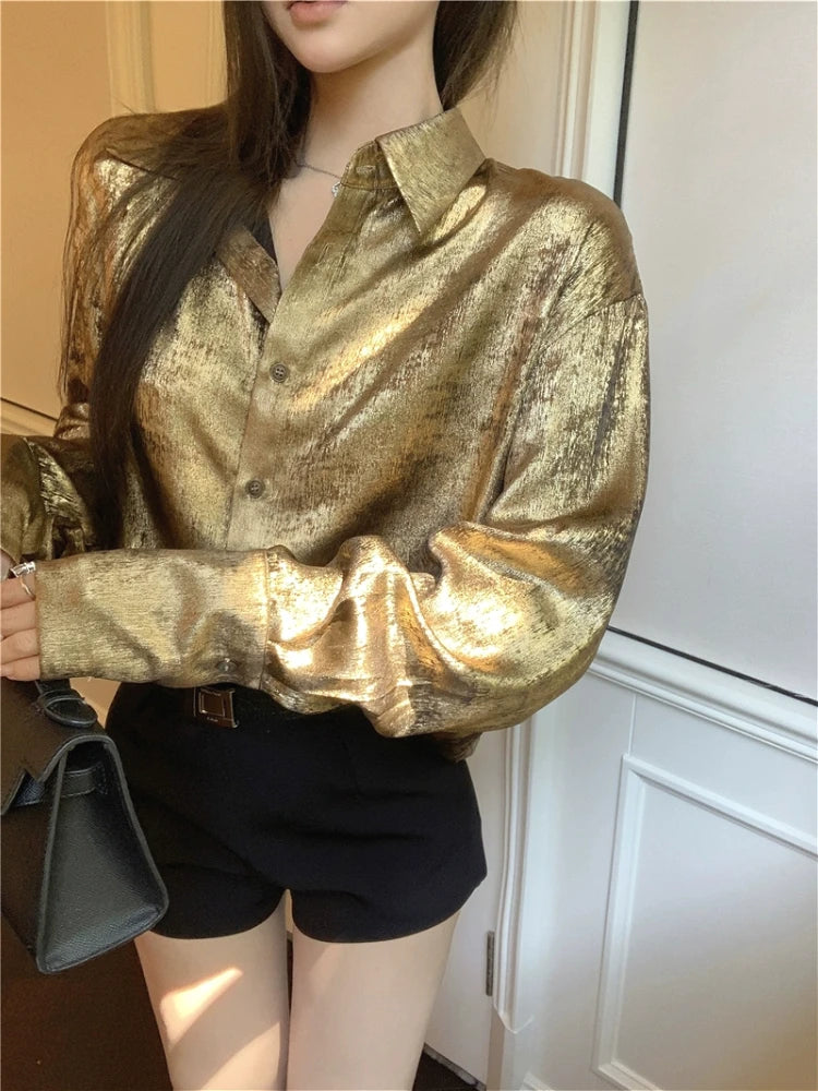 ADAgirl Y2k Golden Color Shirt Female Long Sleeve Luxury Elegant Blouse Women  Button Up Oversized Casual Spring Autumn Top Chic