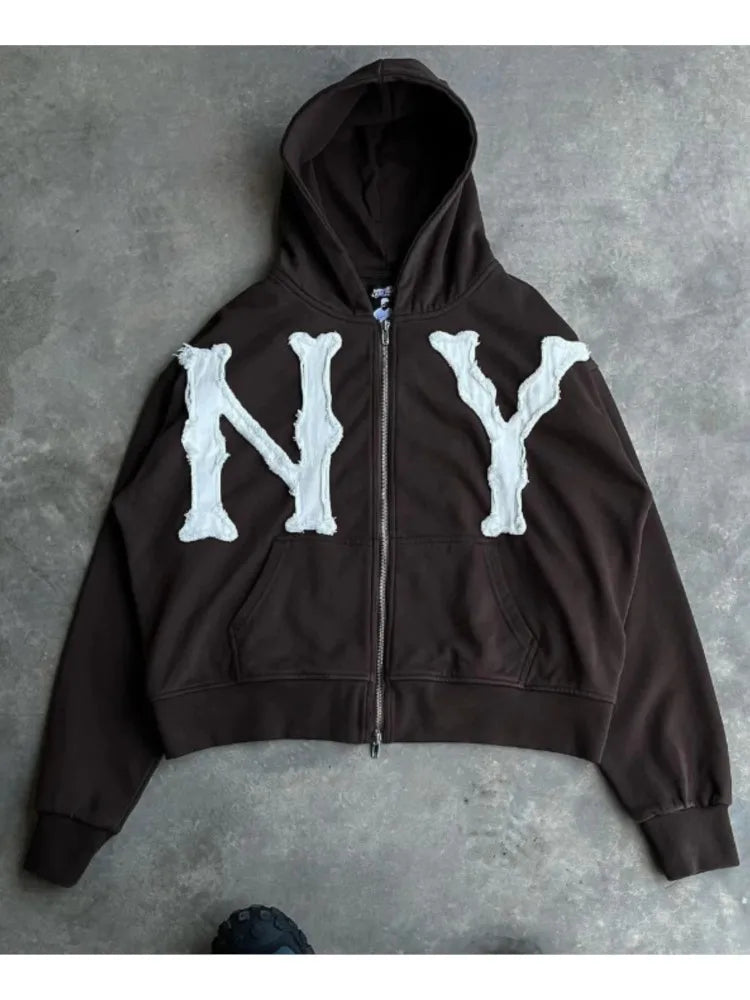Oversized Sweatshirt Women Y2k American High Street Trend Jacket Men Letter Embroidered Zipper Hoodie Harajuku Fashion Retro Top