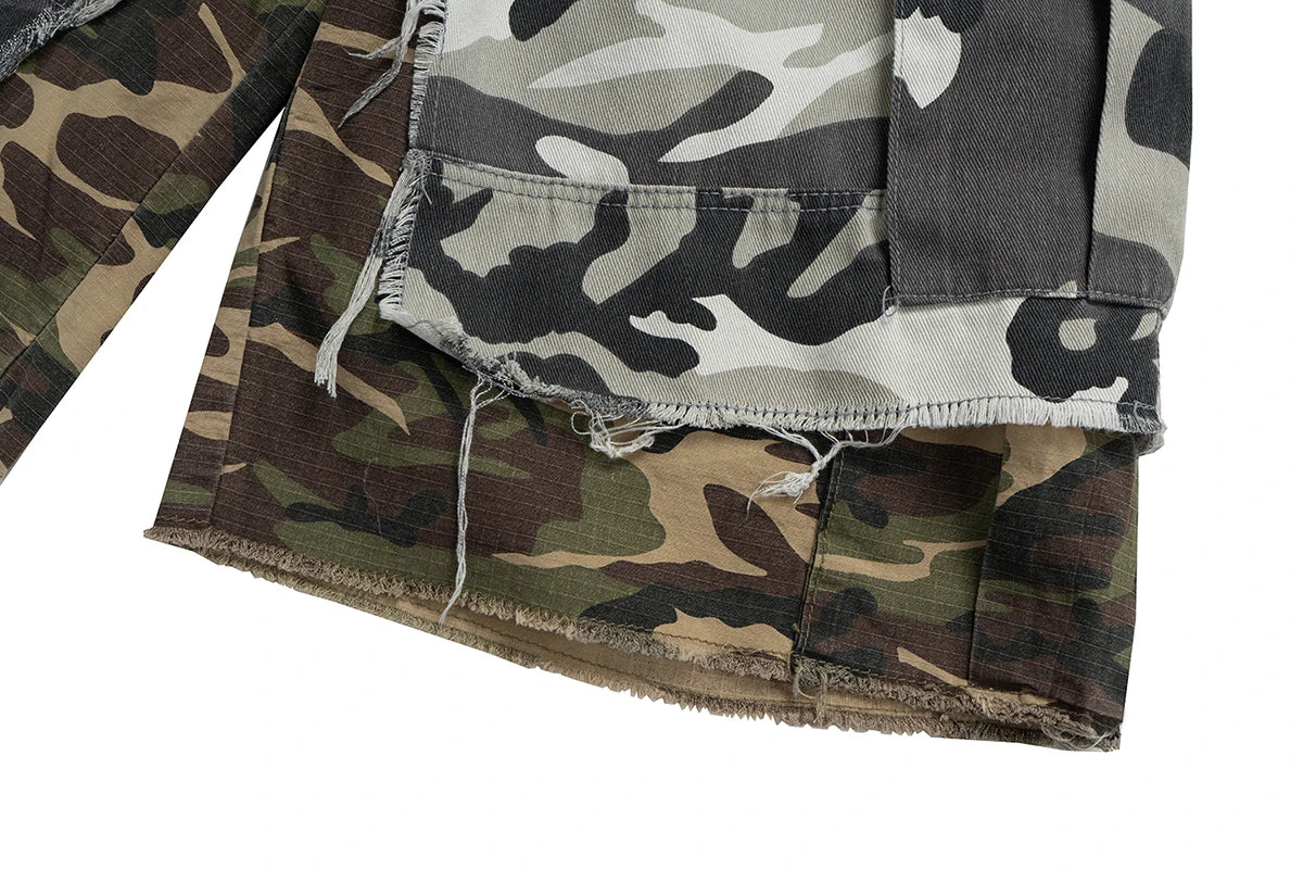 Fake Two Piece Spliced Camouflage Cargo Shorts for Men Wide Leg Patchwork Baggy Over Knee Length Pants Oversized Loose Short
