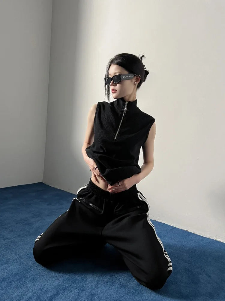 Oversized T Shirts Women Clothing Turtleneck Sleeveless Zipper Y2k Tops 2025 Ropa Mujer Summer Tees Casual Fashion Black T-shirt