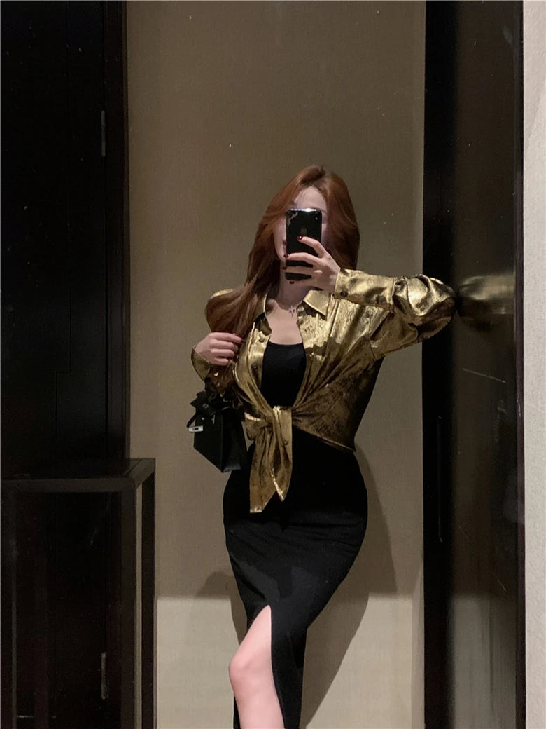 ADAgirl Y2k Golden Color Shirt Female Long Sleeve Luxury Elegant Blouse Women  Button Up Oversized Casual Spring Autumn Top Chic