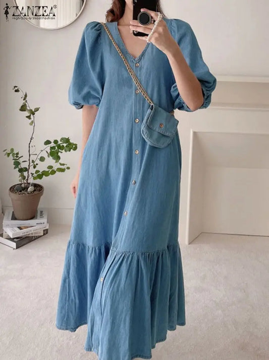Vintage Denim Blue Women Shirt Ruffle Dress ZANZEA Summer Fashion Short Sleeve Maxi Robe Oversized Casual V Neck A Line Sundress