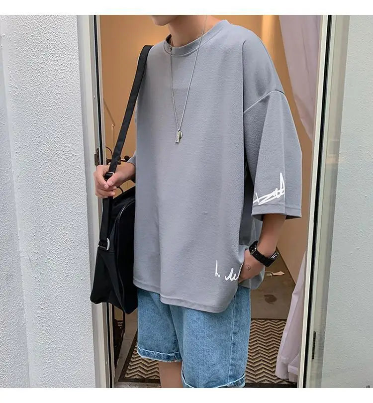 Fashion Solid Color Printed Asymmetrical T-Shirt Men Clothing 2023 Spring New Oversized Casual Pullovers Loose Korean Tee Shirt