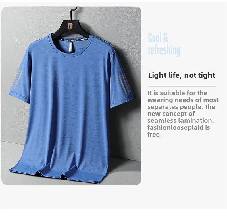 Summer Thin Ice Silk T-Shirt For Men Crew Neck Short Sleeve Casual Soft Fitness Tops Plain Oversized Tees