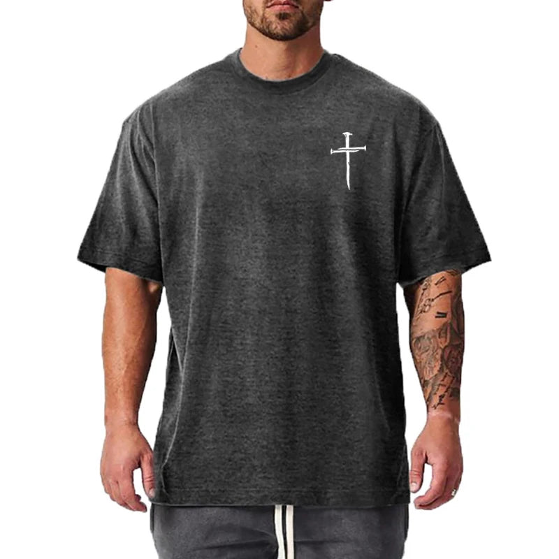 Personalized Cross Print Mens Fitness T-shirts Oversized Loose Short Sleeve Cotton Breathable Shirt Gym Bodybuilding Muscle Tops
