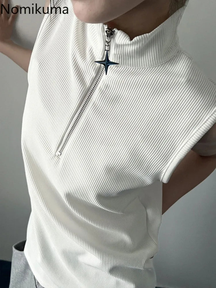 Oversized T Shirts Women Clothing Turtleneck Sleeveless Zipper Y2k Tops 2025 Ropa Mujer Summer Tees Casual Fashion Black T-shirt
