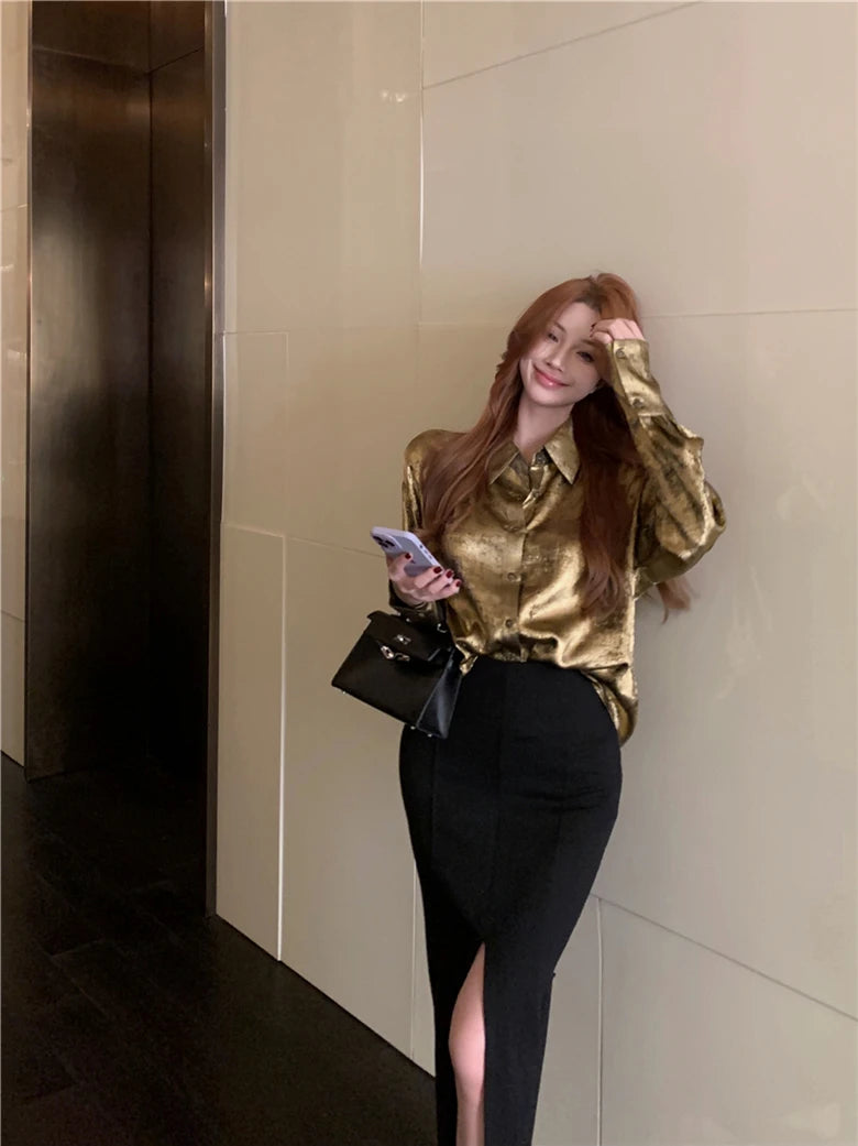 ADAgirl Y2k Golden Color Shirt Female Long Sleeve Luxury Elegant Blouse Women  Button Up Oversized Casual Spring Autumn Top Chic