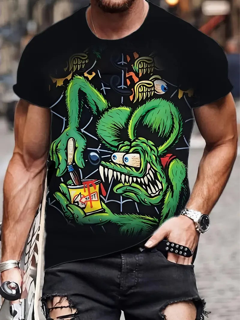 Funny Men's T-shirt Summer Outdoor Round Neck Short Sleeve Top Cartoon Print Street Loose T-shirt Men's Oversized Clothing