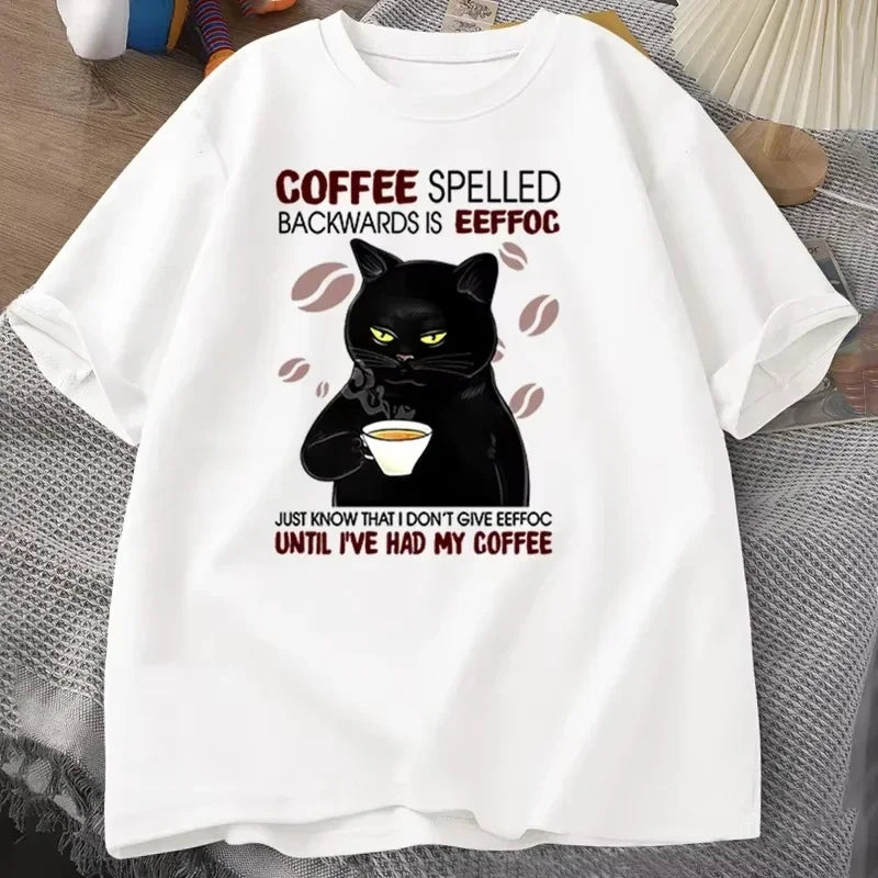 Coffee Spelled Backwards Cat T-shirt Funny Cute Graphic Tees Summer Unisex ONcek T Shirt Oversized Womens Clothes Oversized
