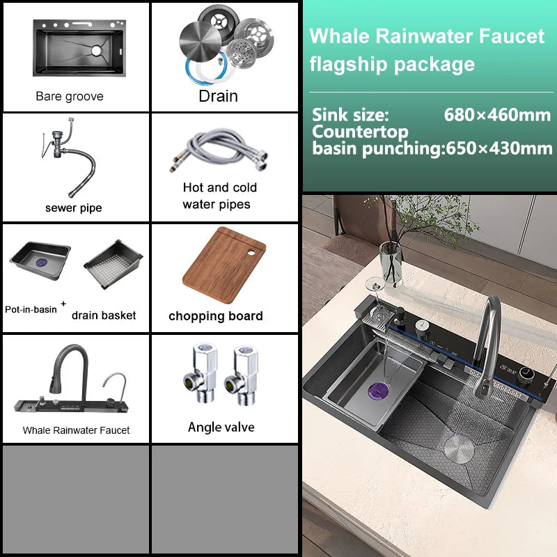 Stainless Steel Waterfall Kitchen Sink With Knife Holder Cup Wash Embossed Extra Large Single Sink Farmhouse Washbasin