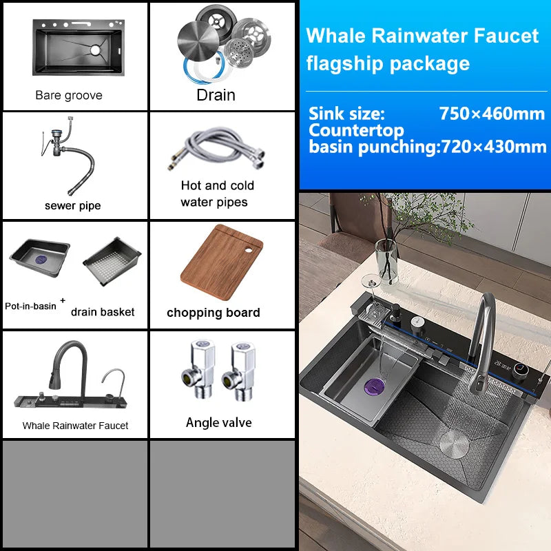 Stainless Steel Waterfall Kitchen Sink With Knife Holder Cup Wash Embossed Extra Large Single Sink Farmhouse Washbasin