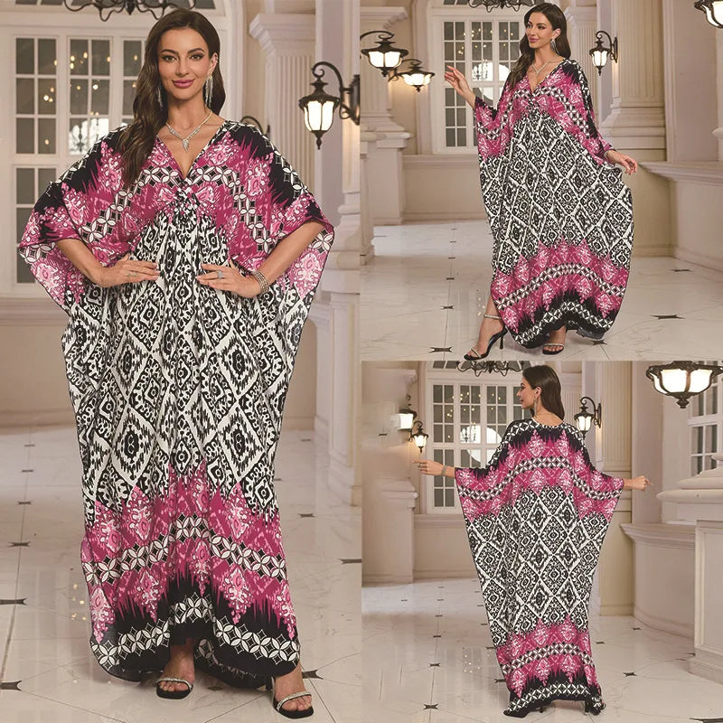 Kaftan Dresses for Women Wave Neck Swimsuit Cover Up Caftan Dress Plus Size Oversized Long Beach Dress
