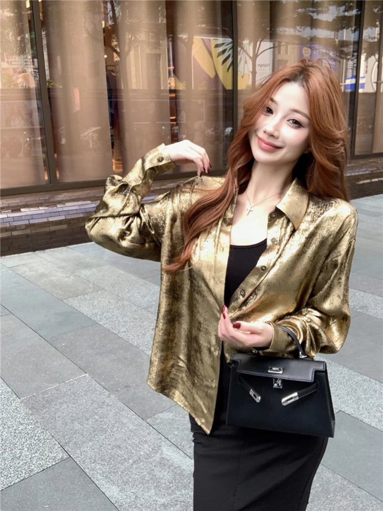 ADAgirl Y2k Golden Color Shirt Female Long Sleeve Luxury Elegant Blouse Women  Button Up Oversized Casual Spring Autumn Top Chic