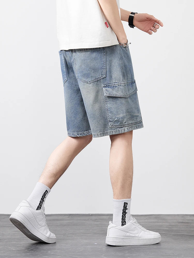 Men's Oversized Denim Shorts Summer Anti-Chafing Mid Waist Stretch Cargo Shorts Youth Hip Hop Beach Streetwear Sizes M-5XL