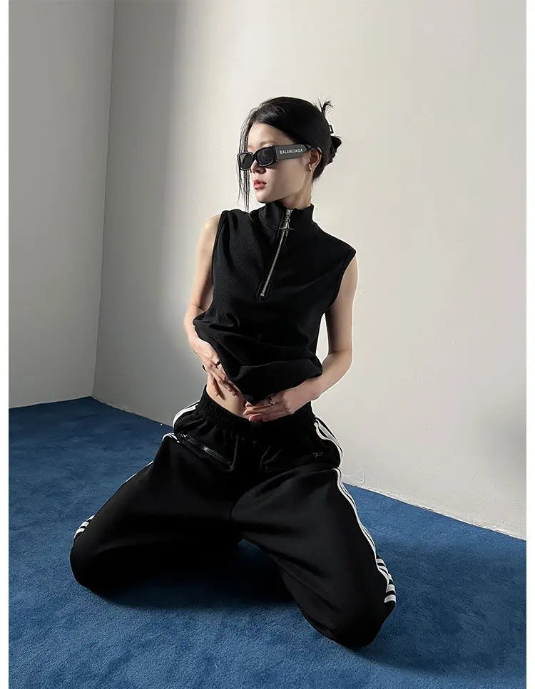 Oversized T Shirts Women Clothing Turtleneck Sleeveless Zipper Y2k Tops 2025 Ropa Mujer Summer Tees Casual Fashion Black T-shirt