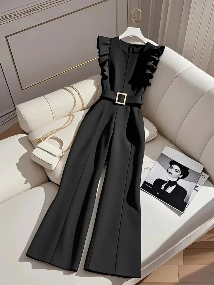 Summer Oversized luxury Temperament Jumpsuit Women Summer Fashion Ruffles Sleeveless Elegant Black Bodysuit Solid With Belt