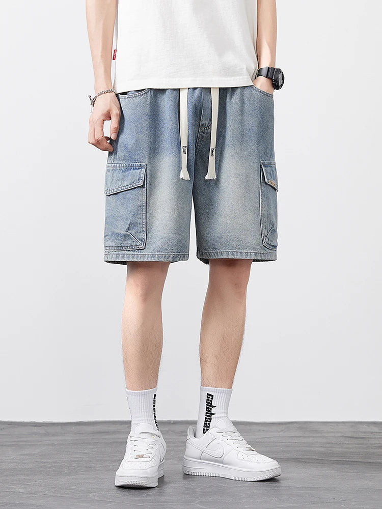 Men's Oversized Denim Shorts Summer Anti-Chafing Mid Waist Stretch Cargo Shorts Youth Hip Hop Beach Streetwear Sizes M-5XL
