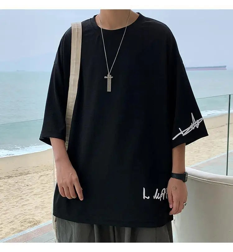 Fashion Solid Color Printed Asymmetrical T-Shirt Men Clothing 2023 Spring New Oversized Casual Pullovers Loose Korean Tee Shirt