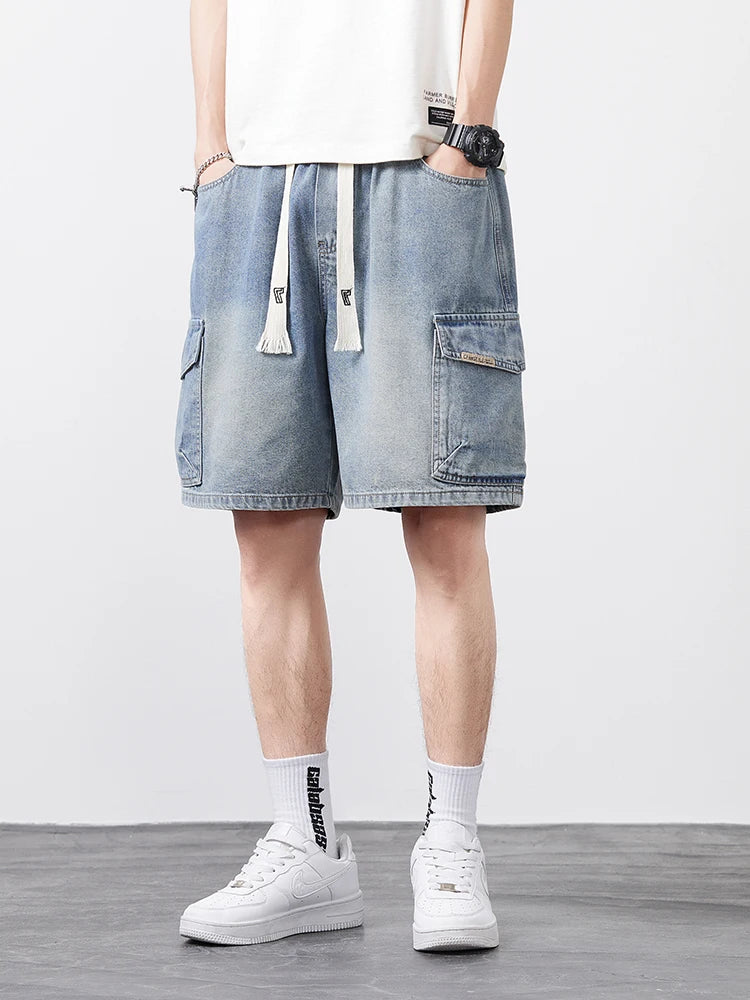 Men's Oversized Denim Shorts Summer Anti-Chafing Mid Waist Stretch Cargo Shorts Youth Hip Hop Beach Streetwear Sizes M-5XL