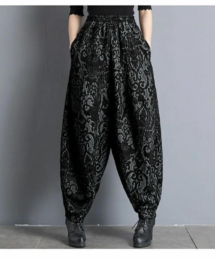 New Draping winter Jacquard Bloomers Women Casual Loose High Waist Vintage Wide Leg Harlan Pants Oversized Mom Pants trousers