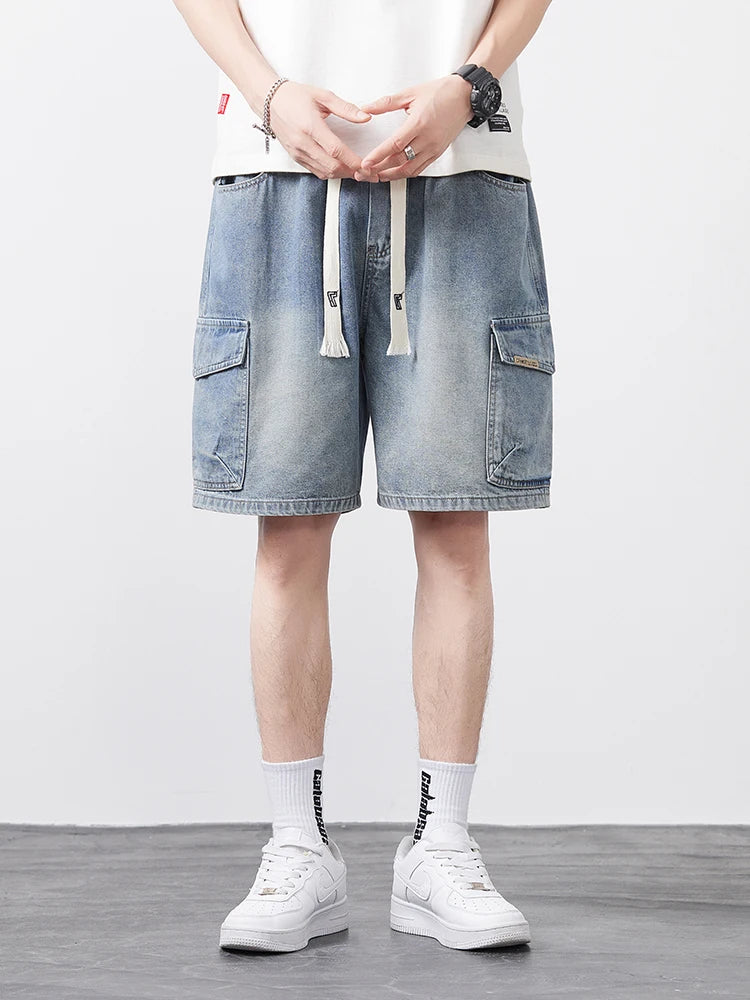 Men's Oversized Denim Shorts Summer Anti-Chafing Mid Waist Stretch Cargo Shorts Youth Hip Hop Beach Streetwear Sizes M-5XL