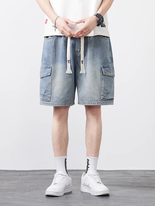 Men's Oversized Denim Shorts Summer Anti-Chafing Mid Waist Stretch Cargo Shorts Youth Hip Hop Beach Streetwear Sizes M-5XL