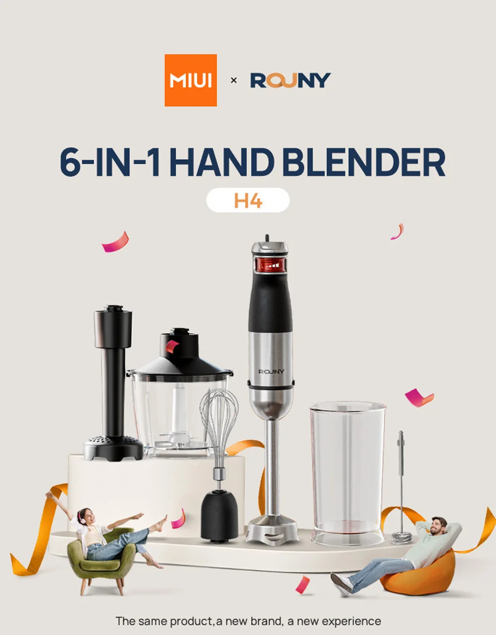 MIUI Electric Hand Held Stick Blender 6-in-1 Multi-Purpose Immersion Hand Blender,Stainless Steel Blades,Home & Kitchen,1200W