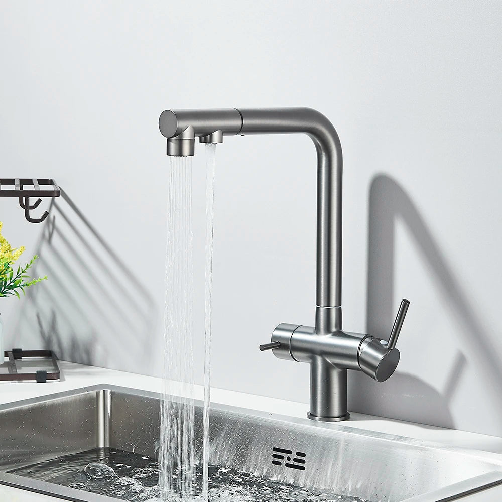 Chrome Black Filter Pull Out Kitchen Faucet Deck Mount 360 Degree Rotation Purified Tapware Cold Hot Crane Tap Dual Spouts Drink