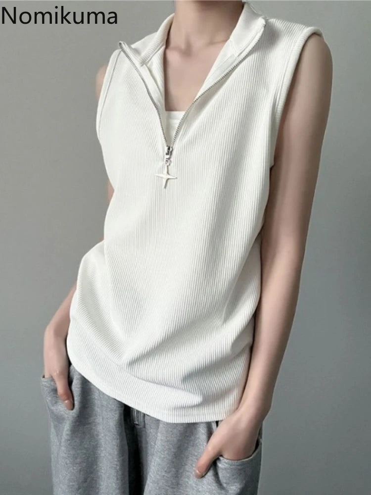 Oversized T Shirts Women Clothing Turtleneck Sleeveless Zipper Y2k Tops 2025 Ropa Mujer Summer Tees Casual Fashion Black T-shirt