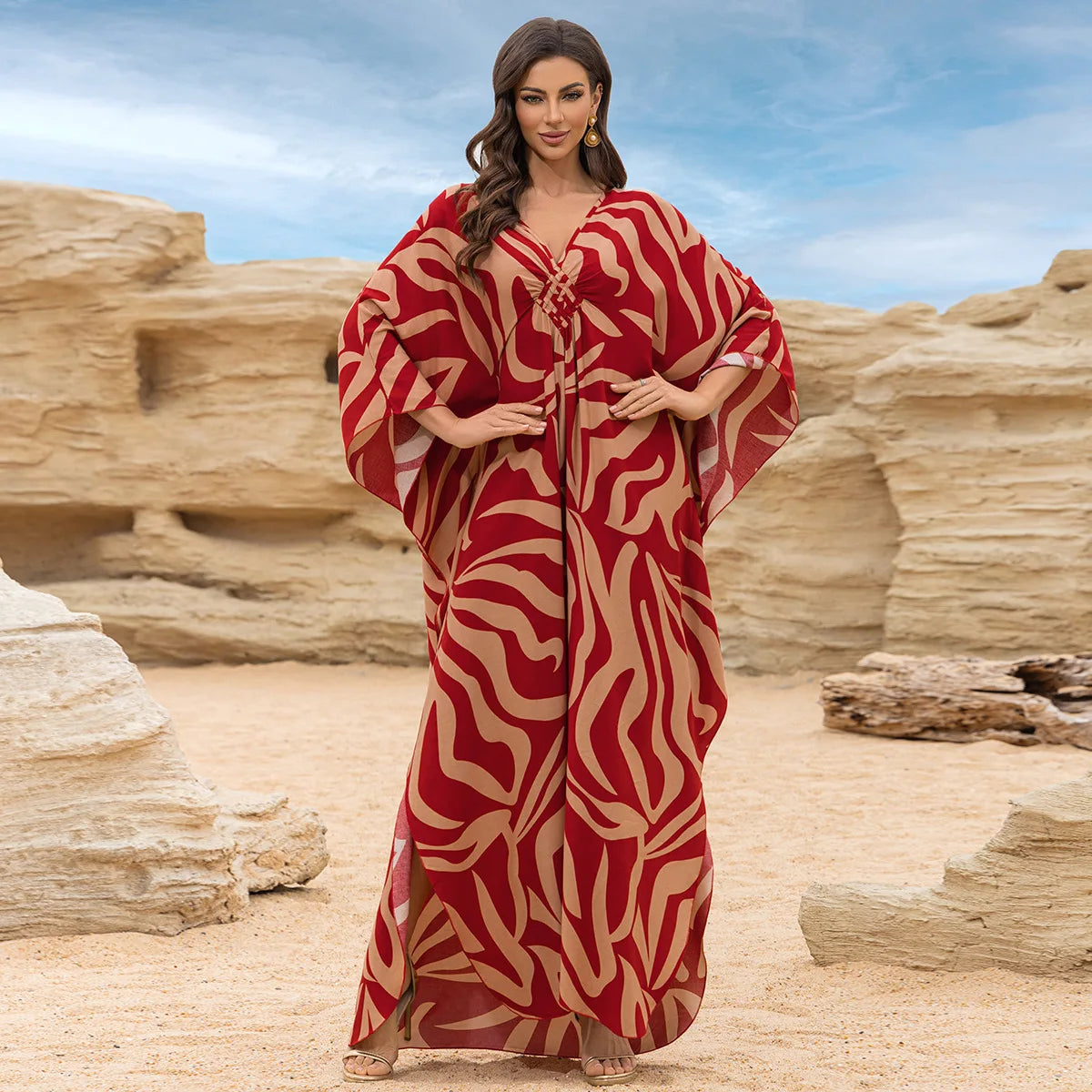 Kaftan Dresses for Women Wave Neck Swimsuit Cover Up Caftan Dress Plus Size Oversized Long Beach Dress