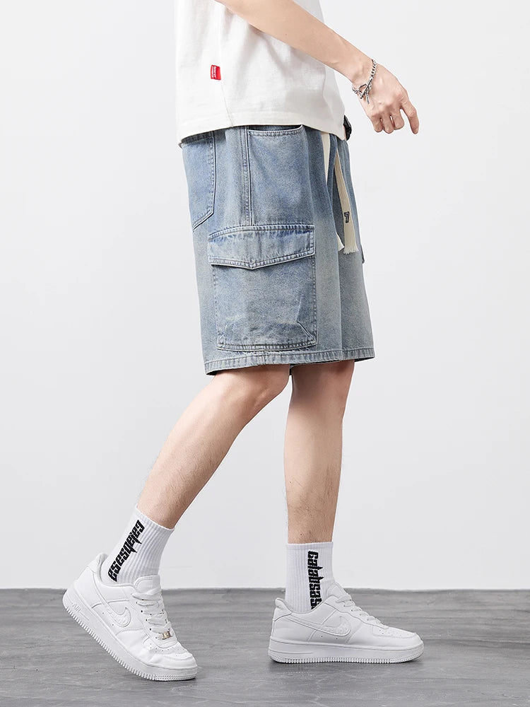 Men's Oversized Denim Shorts Summer Anti-Chafing Mid Waist Stretch Cargo Shorts Youth Hip Hop Beach Streetwear Sizes M-5XL