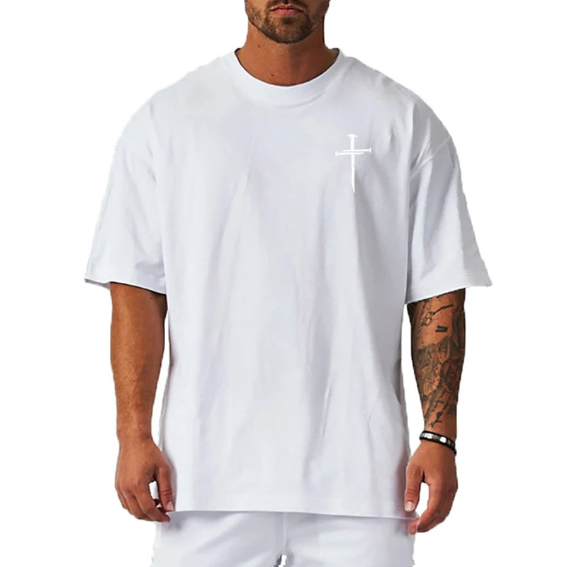 Personalized Cross Print Mens Fitness T-shirts Oversized Loose Short Sleeve Cotton Breathable Shirt Gym Bodybuilding Muscle Tops