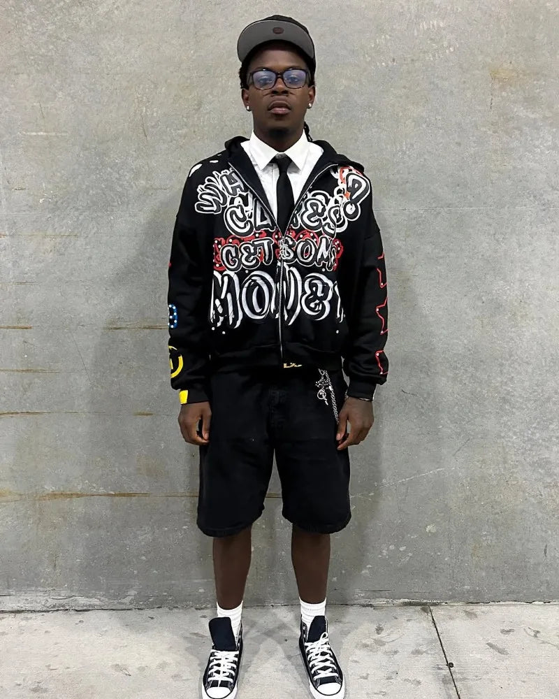 American Trendy Brands High Street Loose Casual Cartoon Printed Zipper Hoodie Men Y2k Hip-hop Rock Oversized Sweatshirt Women