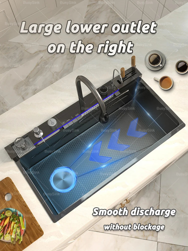 Stainless Steel Waterfall Kitchen Sink With Knife Holder Cup Wash Embossed Extra Large Single Sink Farmhouse Washbasin