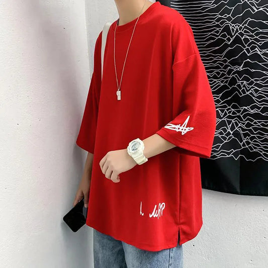 Fashion Solid Color Printed Asymmetrical T-Shirt Men Clothing 2023 Spring New Oversized Casual Pullovers Loose Korean Tee Shirt