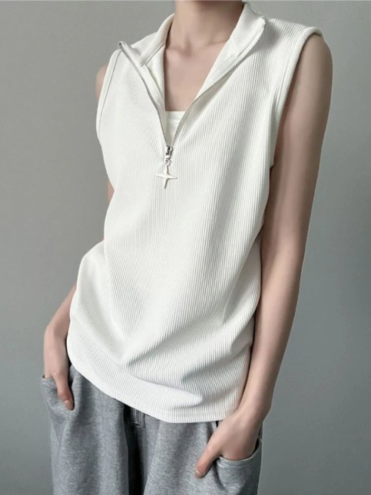 Oversized T Shirts Women Clothing Turtleneck Sleeveless Zipper Y2k Tops 2025 Ropa Mujer Summer Tees Casual Fashion Black T-shirt