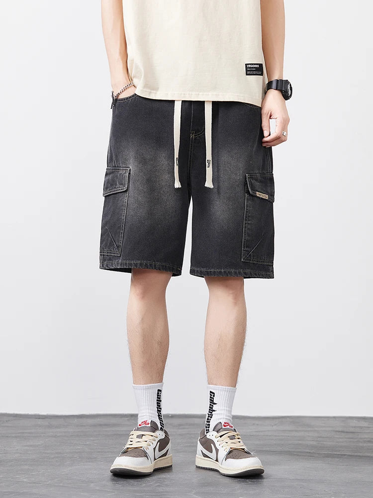 Men's Oversized Denim Shorts Summer Anti-Chafing Mid Waist Stretch Cargo Shorts Youth Hip Hop Beach Streetwear Sizes M-5XL