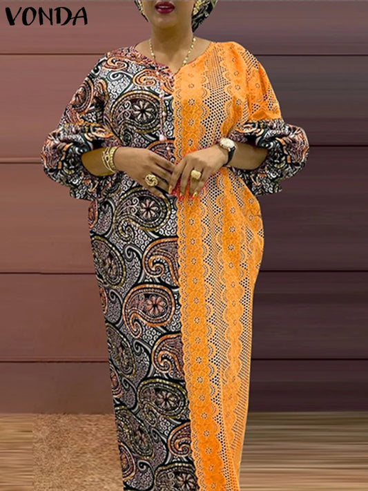 Plus Size VONDA 2024 Elegant Floral Printed Maxi Dress Vintage Long Robes Loose Holiday Casual V-neck Sundress Oversized