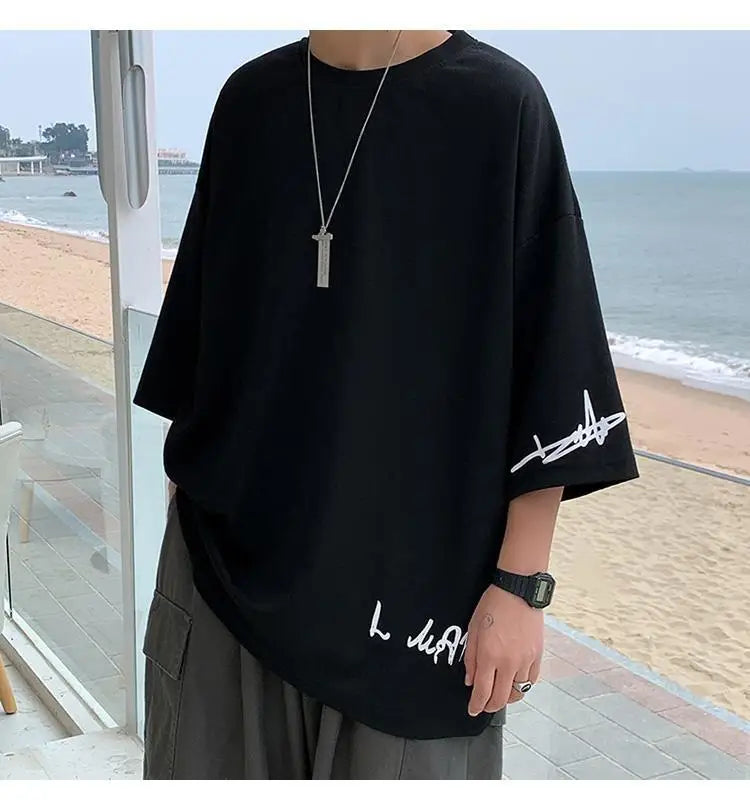 Fashion Solid Color Printed Asymmetrical T-Shirt Men Clothing 2023 Spring New Oversized Casual Pullovers Loose Korean Tee Shirt