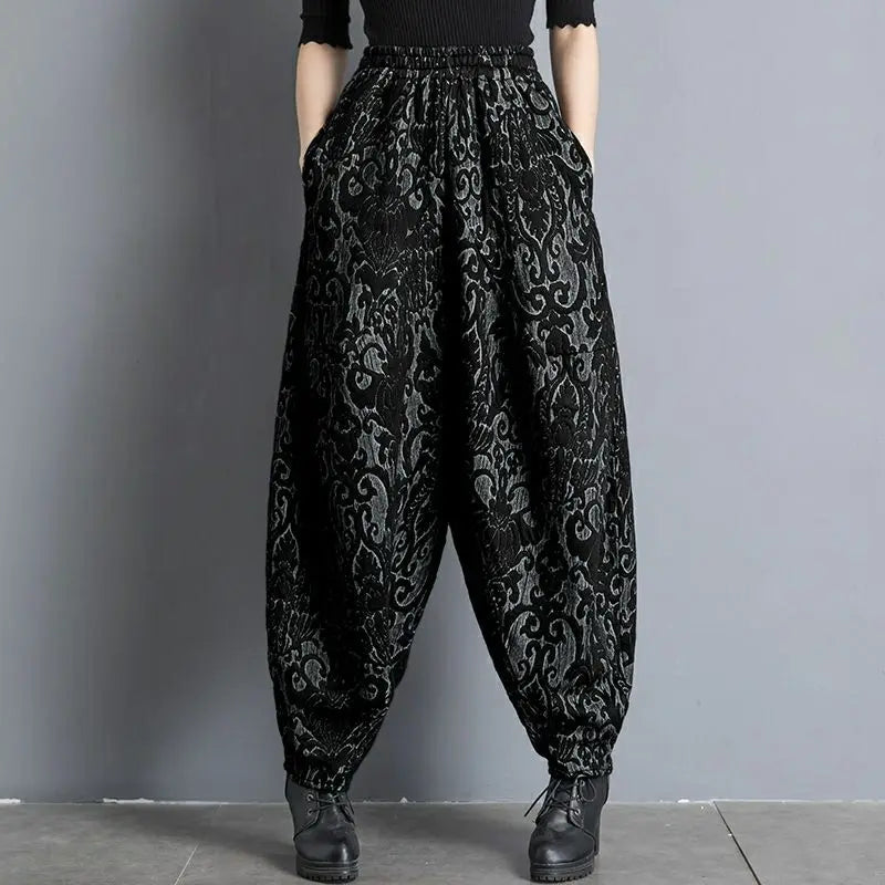 New Draping winter Jacquard Bloomers Women Casual Loose High Waist Vintage Wide Leg Harlan Pants Oversized Mom Pants trousers