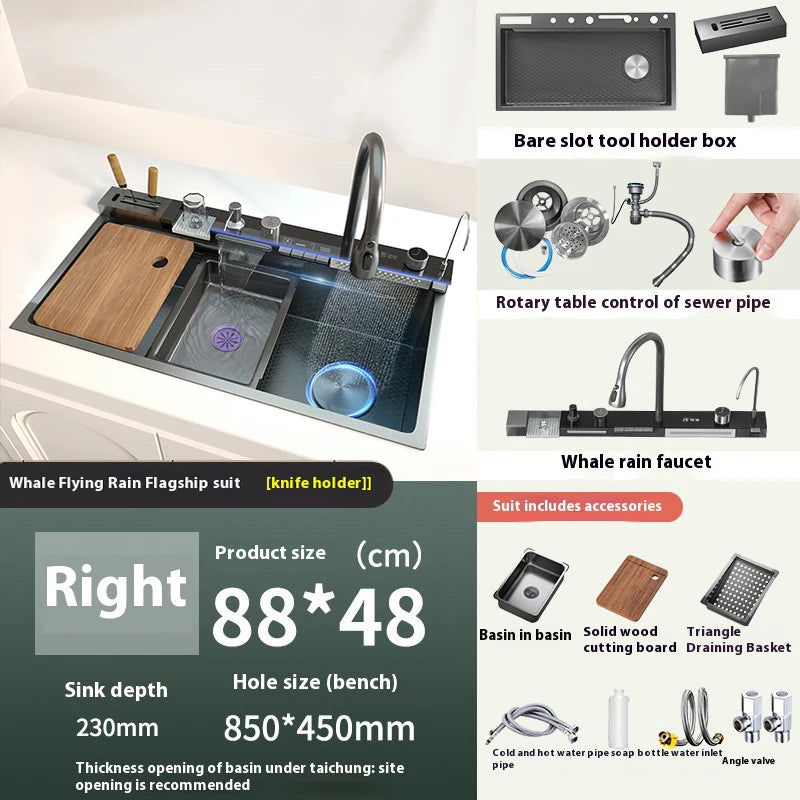 Stainless Steel Waterfall Kitchen Sink With Knife Holder Cup Wash Embossed Extra Large Single Sink Farmhouse Washbasin