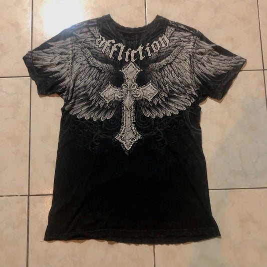 Y2K Affliction Vintage Distressed T-Shirt Men Women 2000s Metalcore Graphic Oversized Cotton Tee Culture Revival Edgy Streetwear