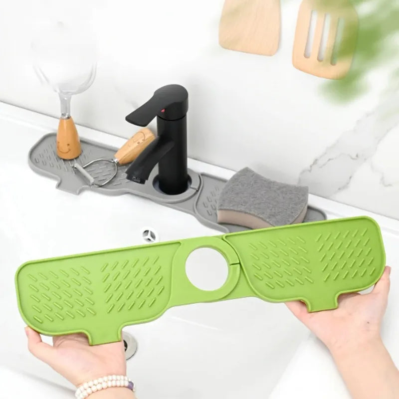 Kitchen Sink Splash Drain Mat Silicone Faucet Handle Drip Catcher Tray Dish Soap Dispenser&Sponge Holder Mat Sink Accessories